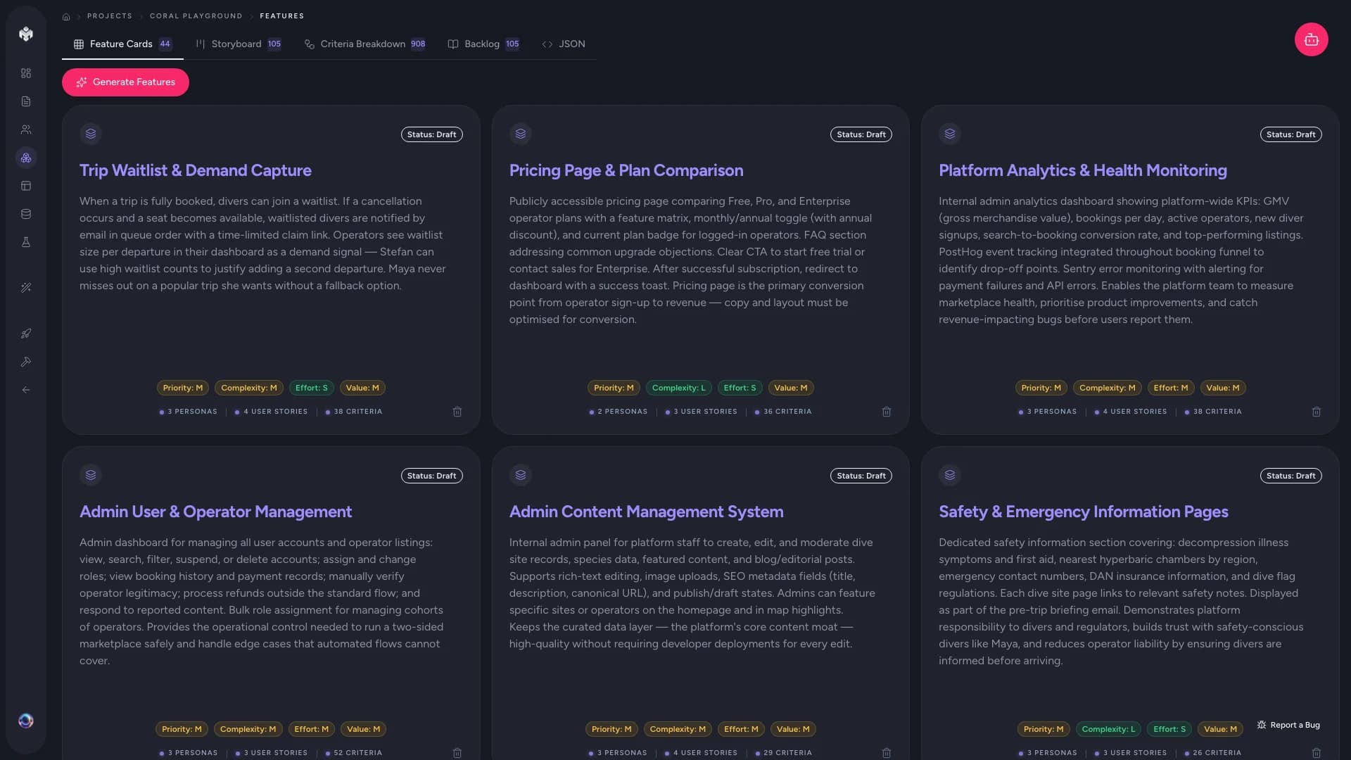 VibeMap features panel with prioritised feature cards