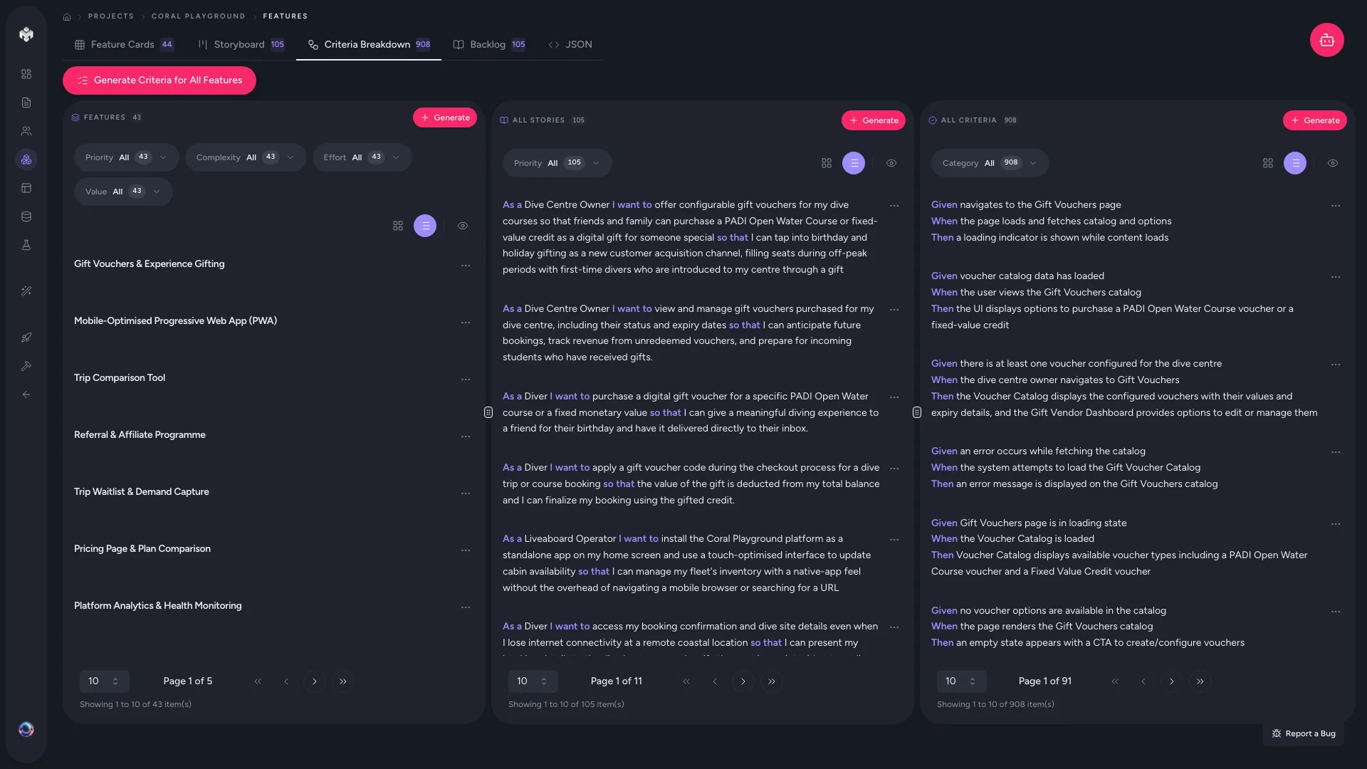 VibeMap acceptance criteria breakdown view
