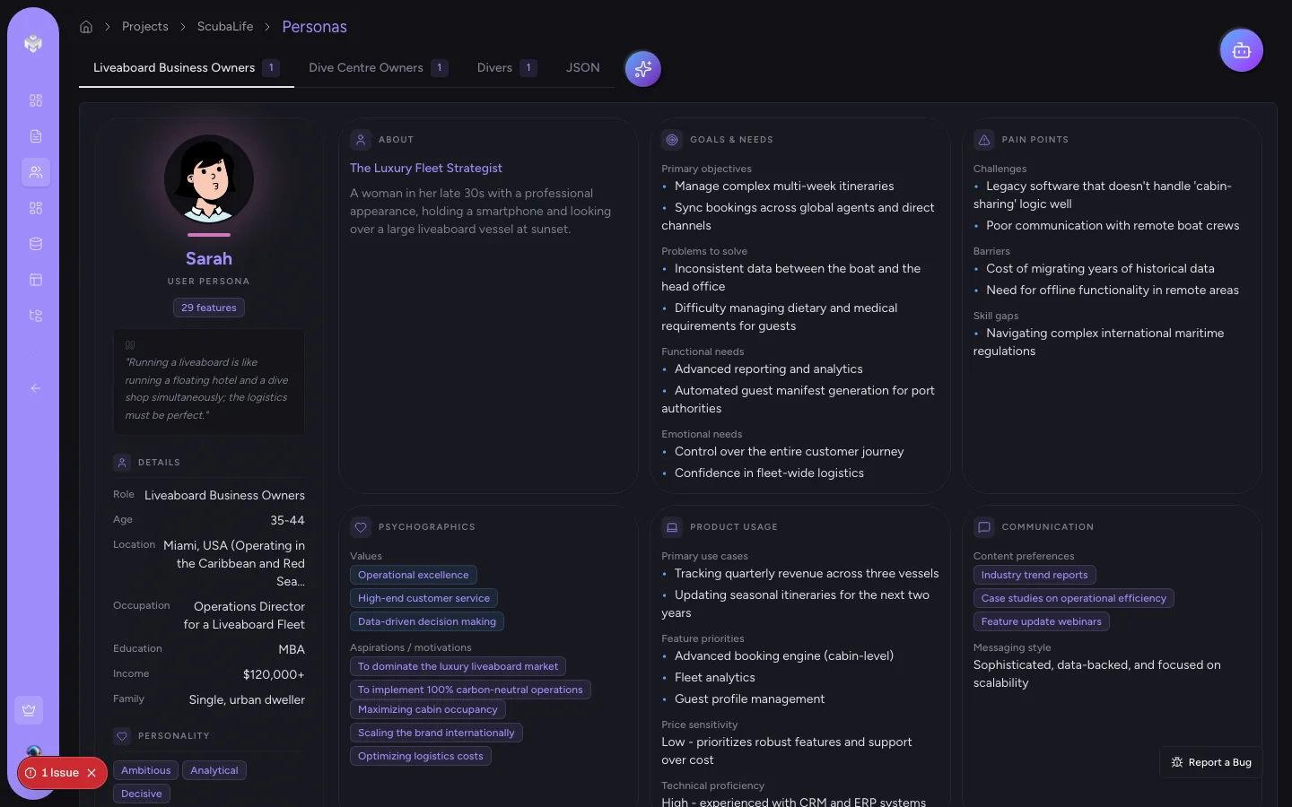 VibeMap personas view with three user persona cards