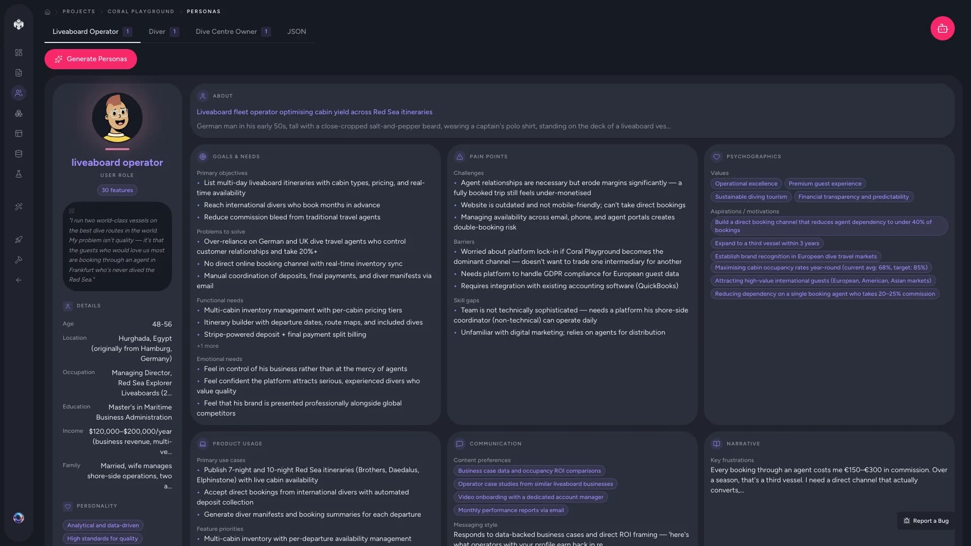 VibeMap personas view with three user persona cards