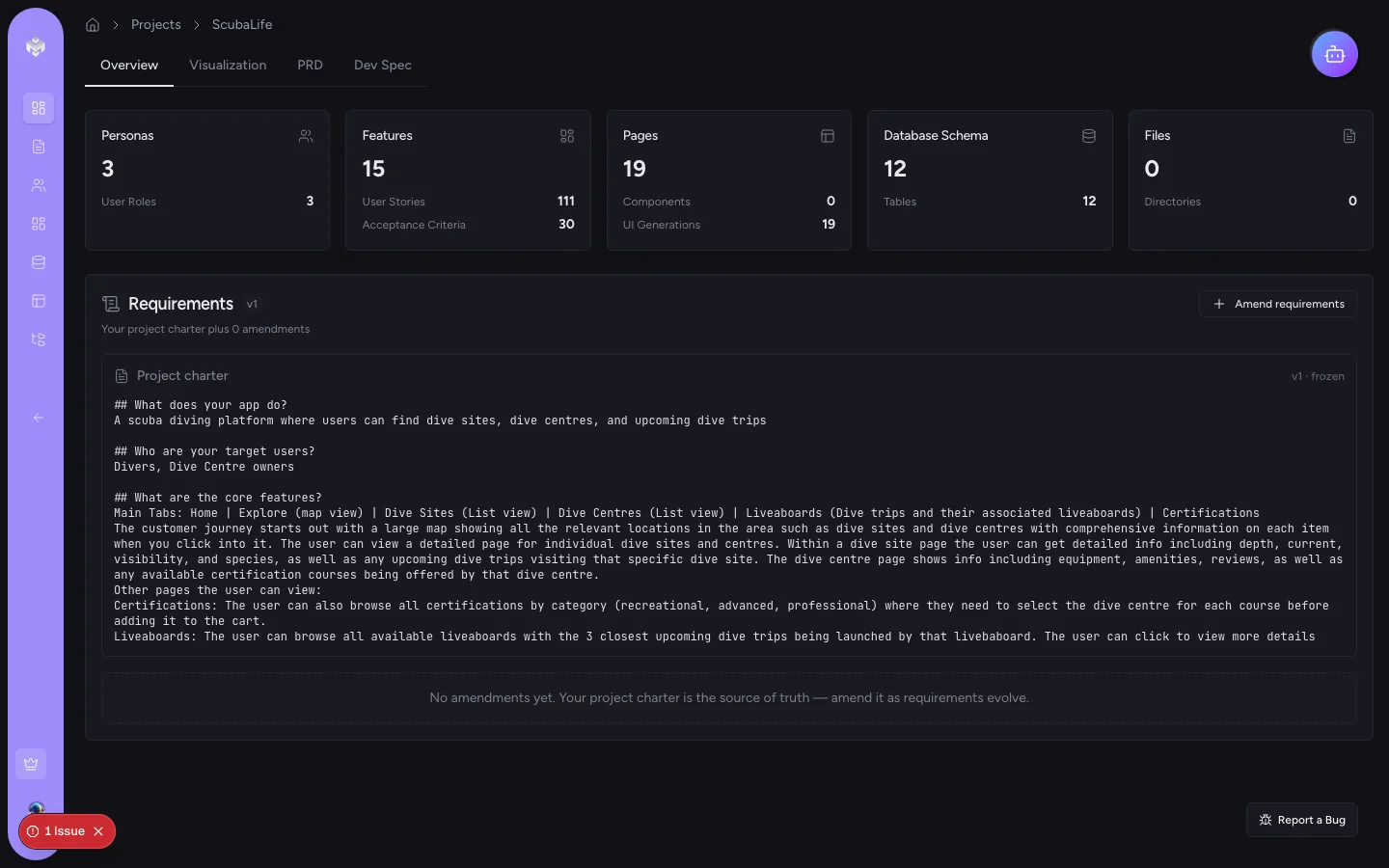 VibeMap project overview showing the full generated specification