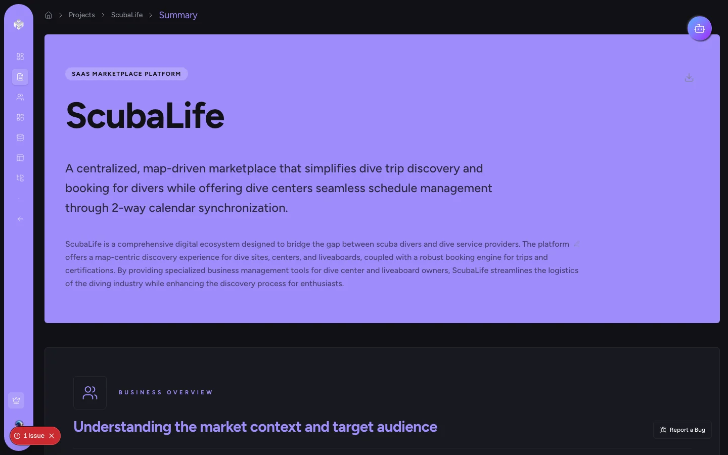 VibeMap project summary view showing a structured product description
