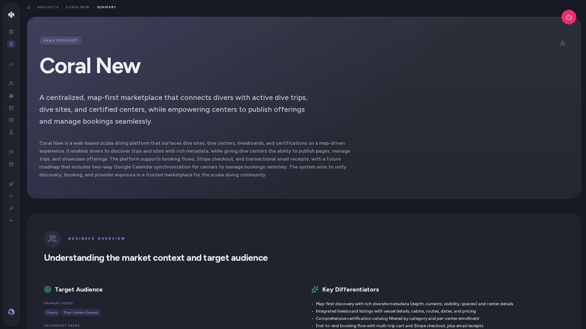 VibeMap project summary view showing a structured product description